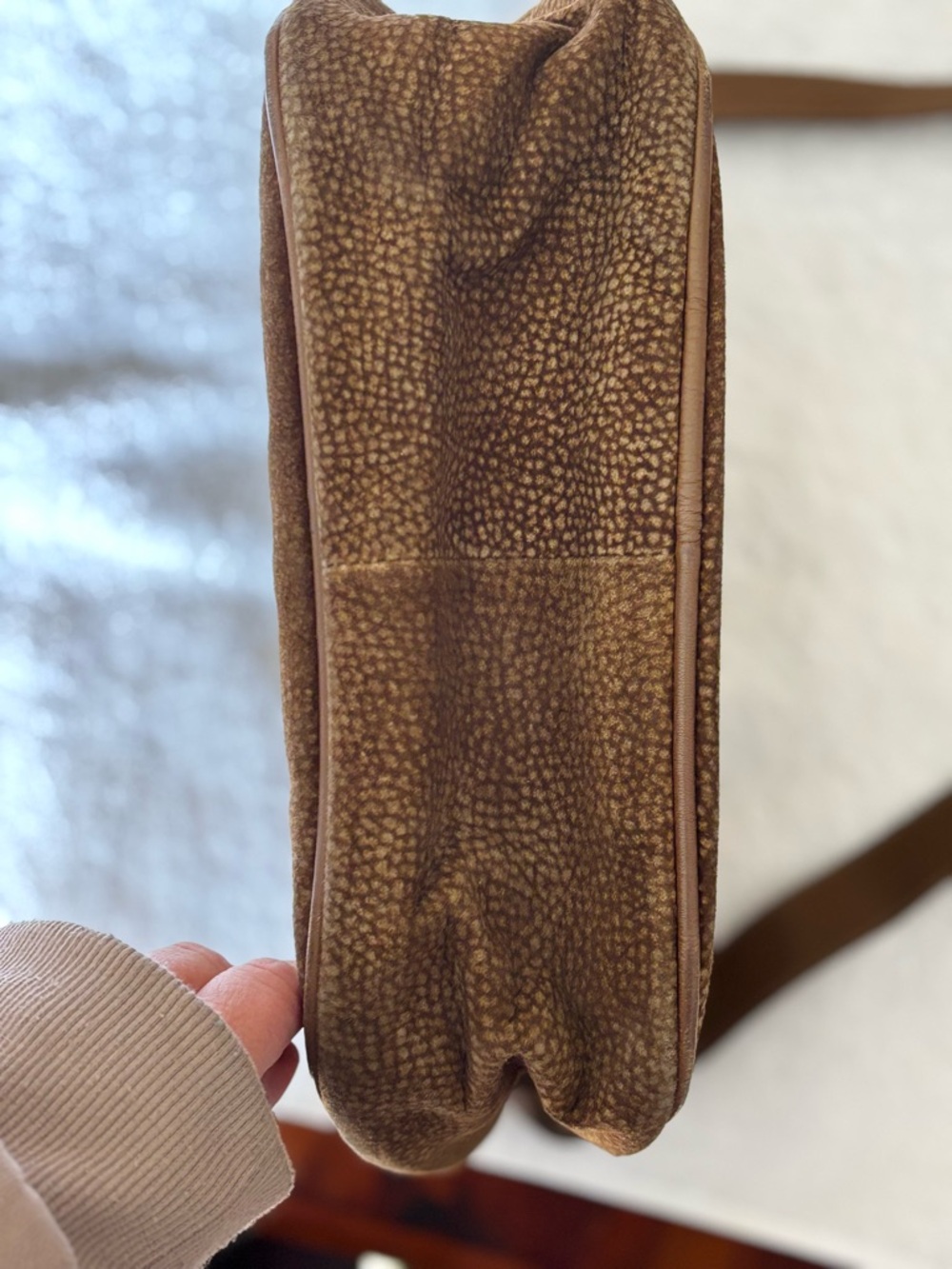 Borbonese Textured Brown Shoulder Bag with Front Zip Pocket - Picture 6 of 9
